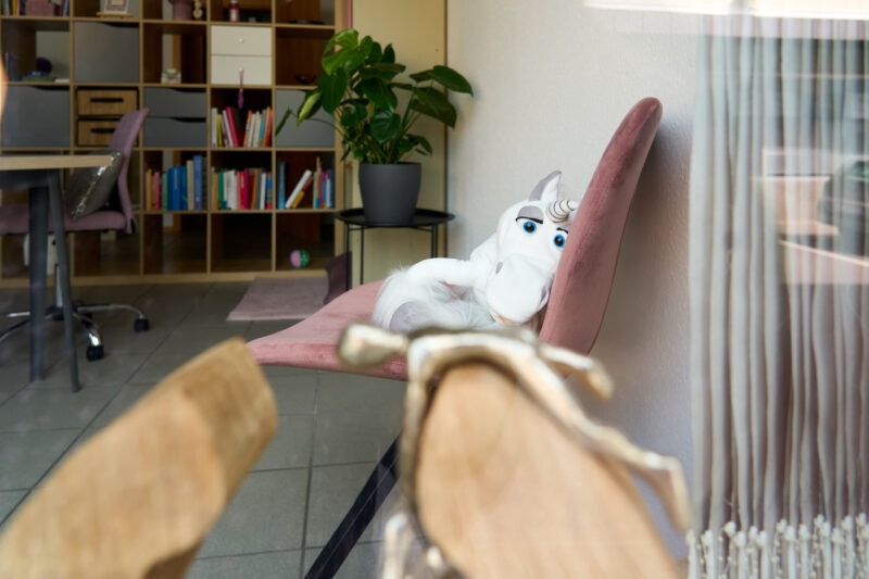 Durch das Fenster sieht man Elke, das Einhorn, das es sich auf einem meiner Gäste-Sessel bequem gemacht hat und über unser Beratungsgespräch nachdenkt.