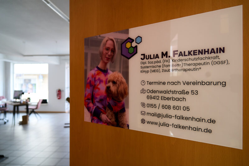 Ein Blick in die Praxis durch die halb geöffnete hintere Eingangstür, auf der ein Schild mit meinen Kontaktdaten und einem Bild von mir befestigt ist.